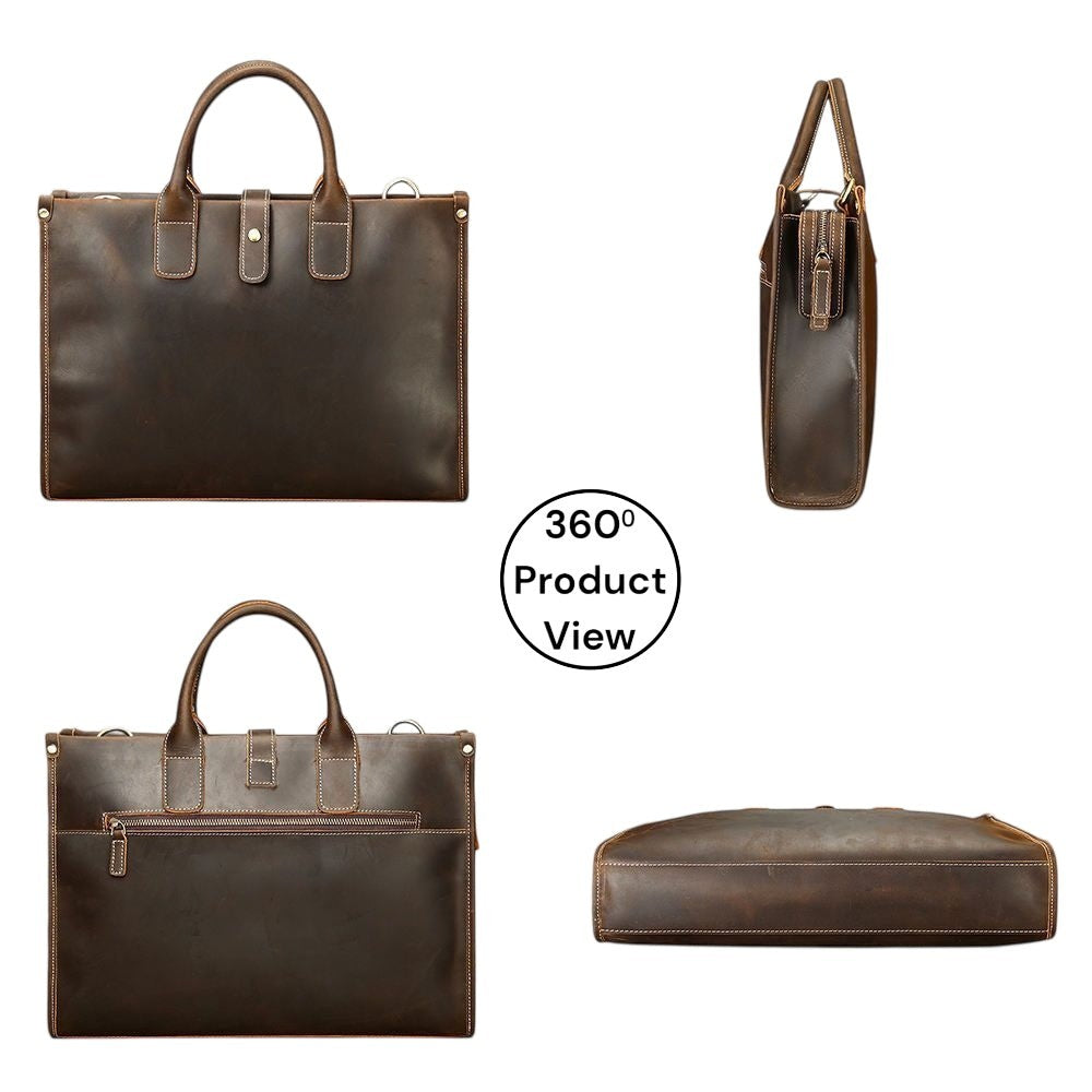 Barcon Getta Inc dark brown leather briefcase with top handles, exterior zipper pocket, and laptop compartment.