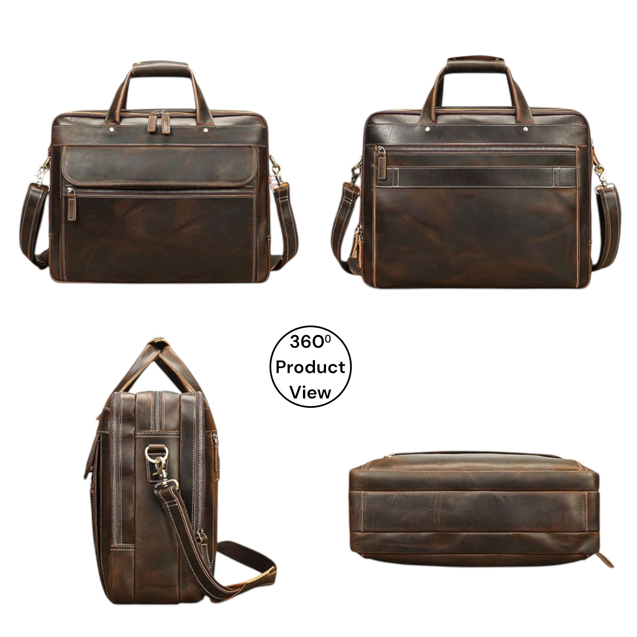 Barcon Getta Inc TRADECRAFT dark brown genuine leather briefcase with multiple pockets and adjustable shoulder strap.