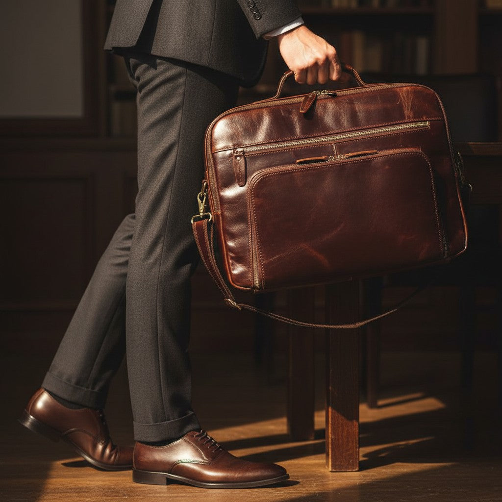 Barcon Getta Inc The Daily Operator dark brown leather briefcase with multiple pockets and top handles.