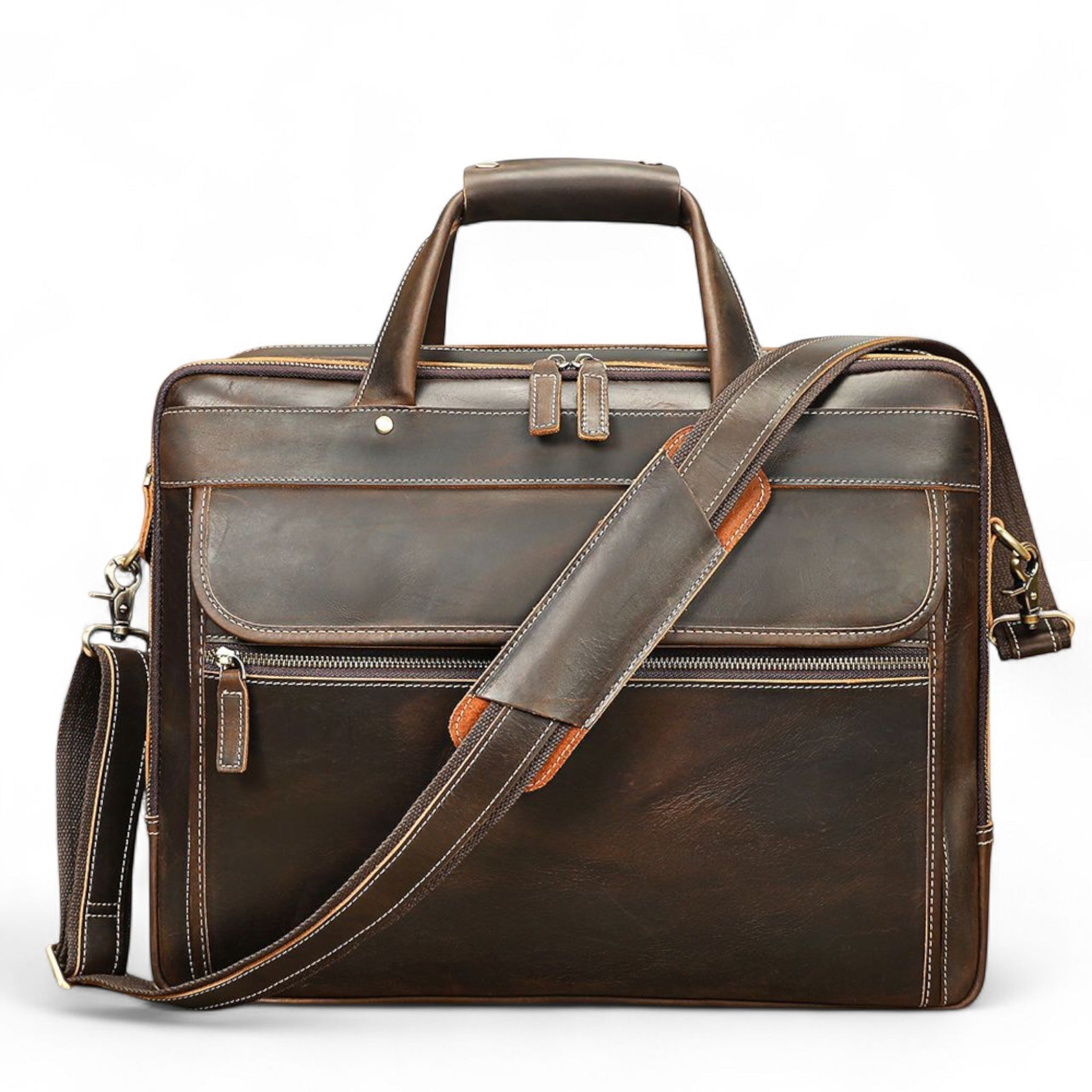 Barcon Getta Inc dark brown handmade 100% Ethiopian leather briefcase with multiple pockets and laptop compartment.