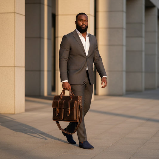 Barcon Getta Inc dark brown distressed leather briefcase with double front pockets and adjustable shoulder strap.