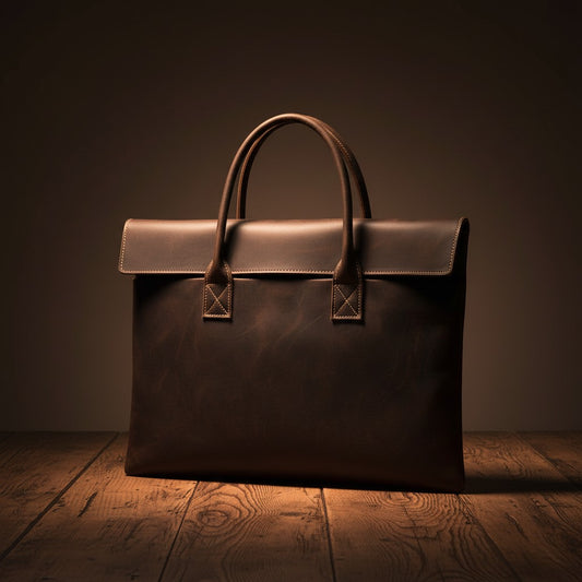 Barcon Getta Inc dark brown handmade Ethiopian leather briefcase with top handles and flap closure, fits up to 15" laptop.