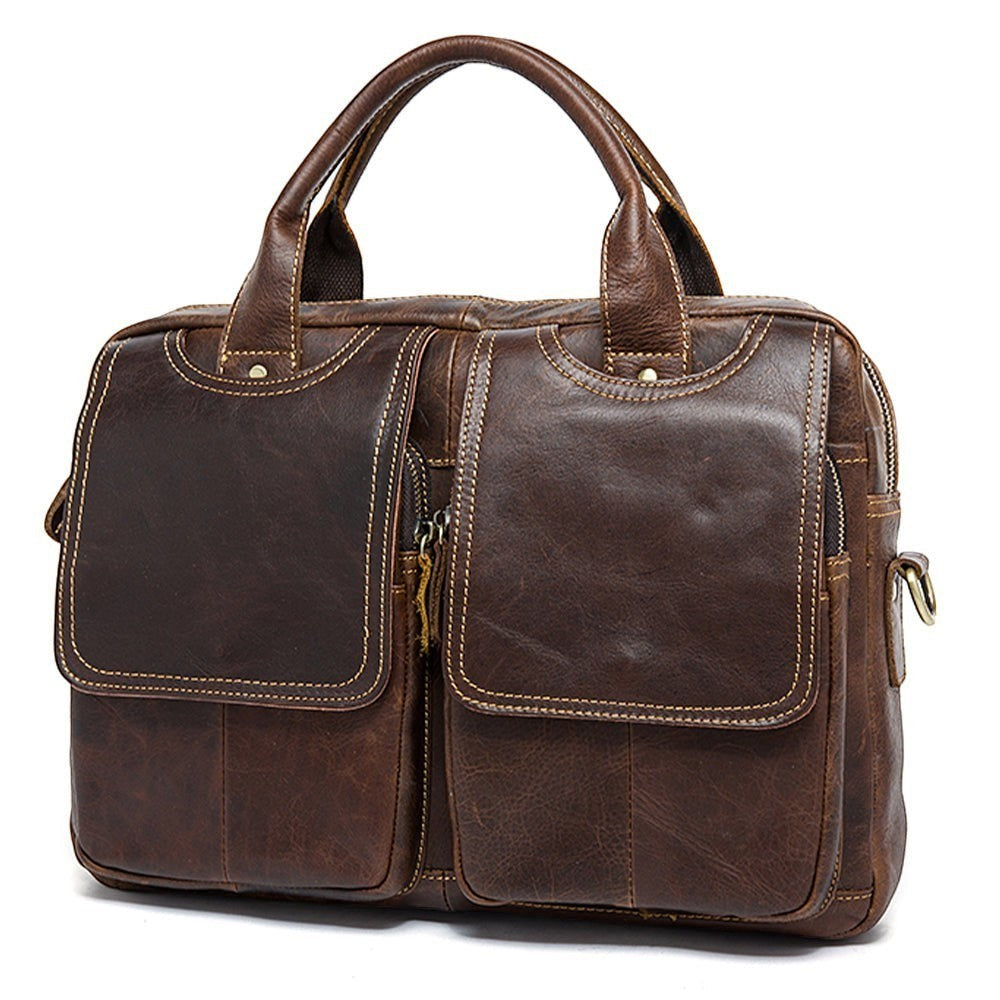 Barcon Getta Inc dark brown handmade Ethiopian leather briefcase with multiple pockets and top handles, fits up to 16" laptop.