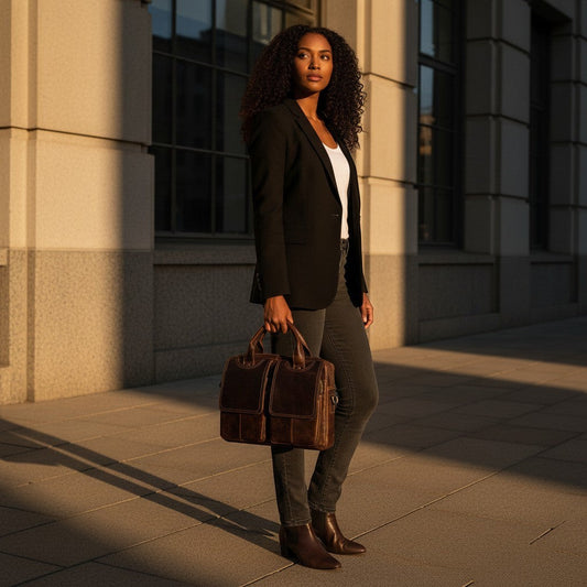 Barcon Getta Inc dark brown handmade Ethiopian leather briefcase with multiple pockets and top handles, fits up to 16" laptop.