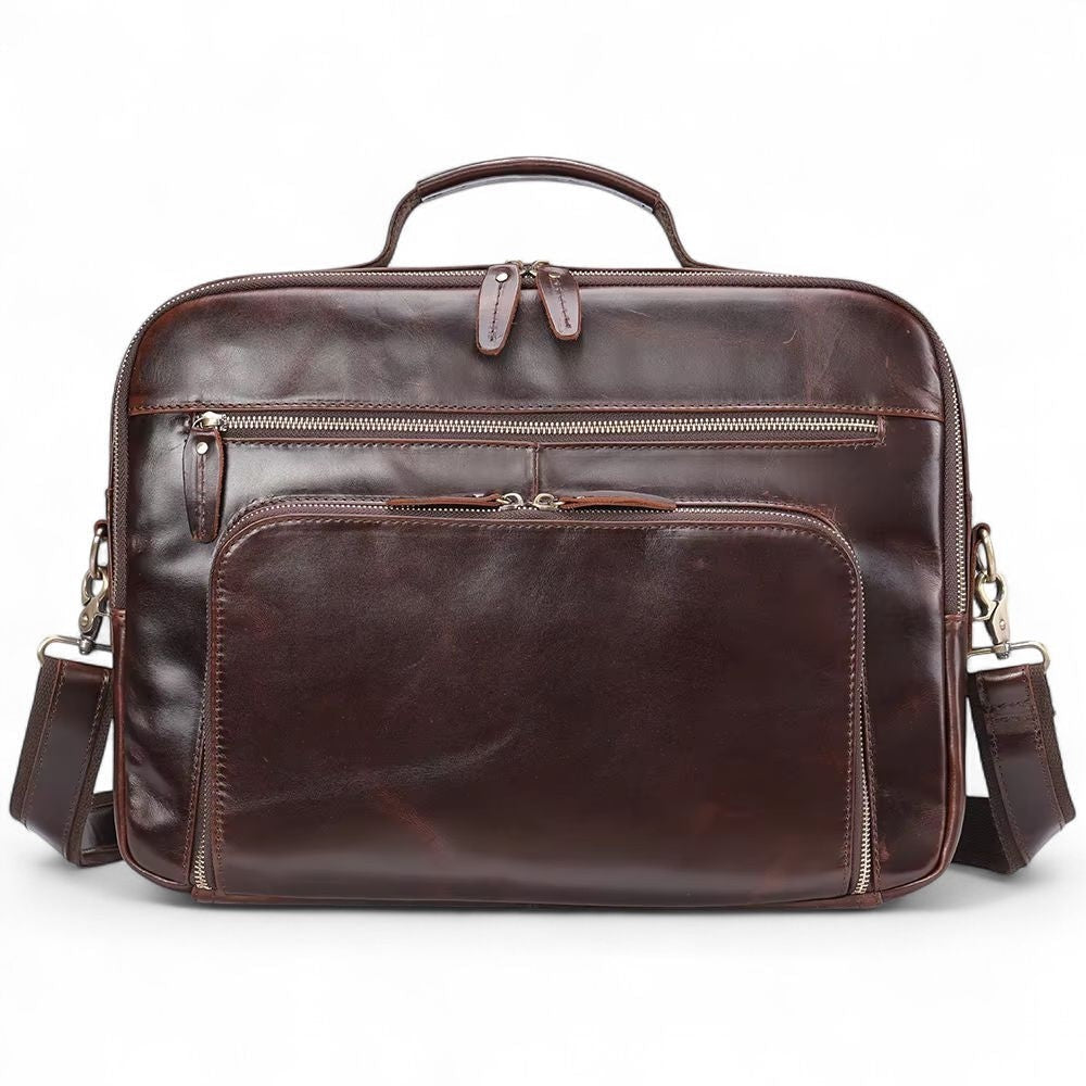 Barcon Getta Inc The Daily Operator dark brown leather briefcase with multiple pockets and top handles.