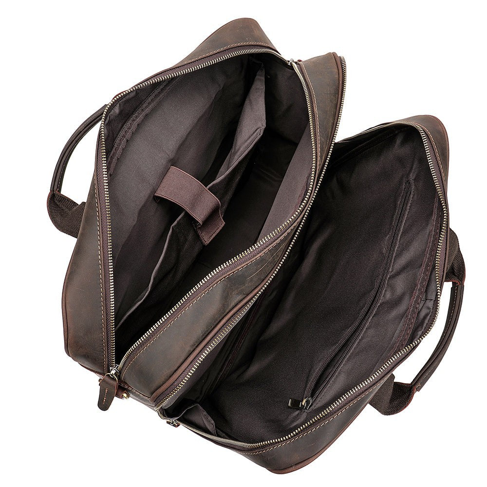 Barcon Getta Inc dark brown Ethiopian leather briefcase with multiple compartments, laptop sleeve, and trolley strap.