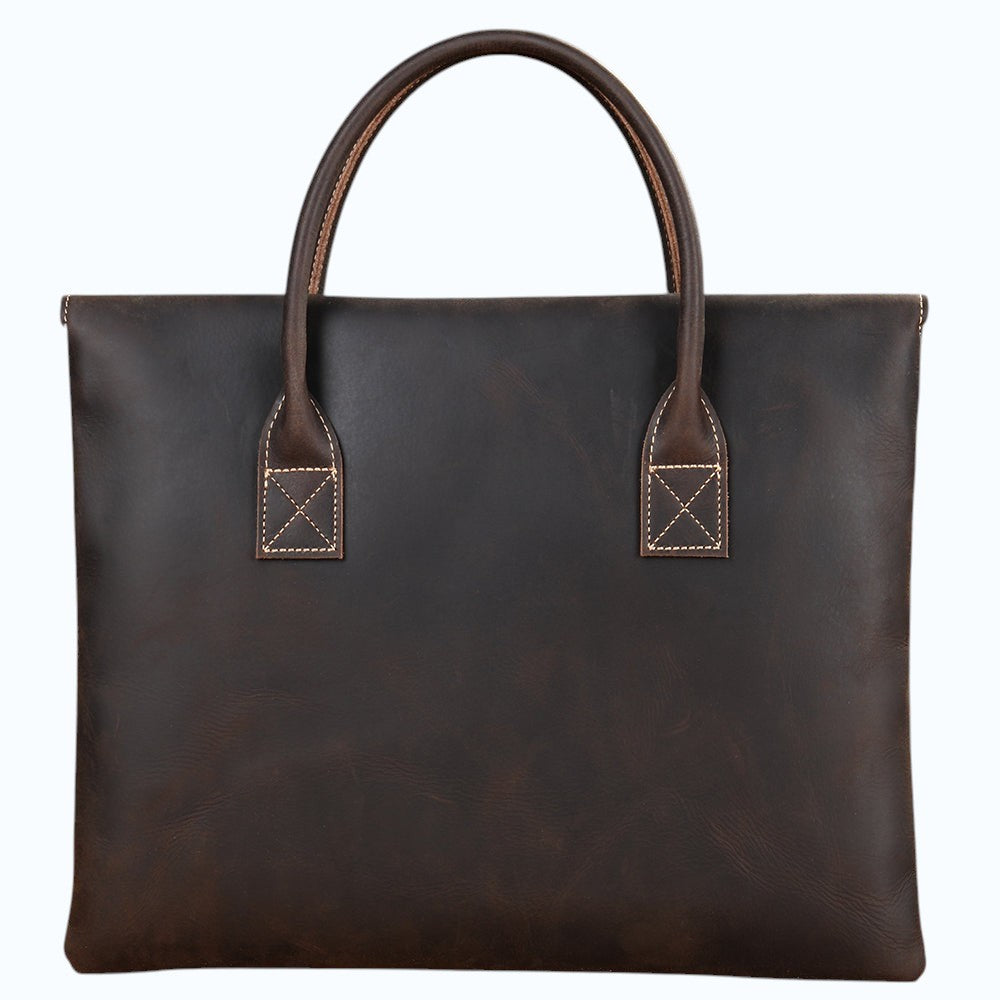 Barcon Getta Inc dark brown handmade Ethiopian leather briefcase with top handles, fits up to 15" laptop.