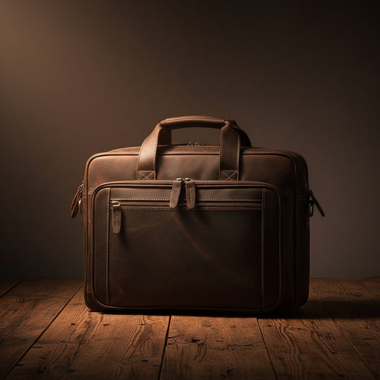 Barcon Getta Inc dark brown handmade Ethiopian leather briefcase with multiple zipper pockets and top handles. Fits up to 17" laptop.