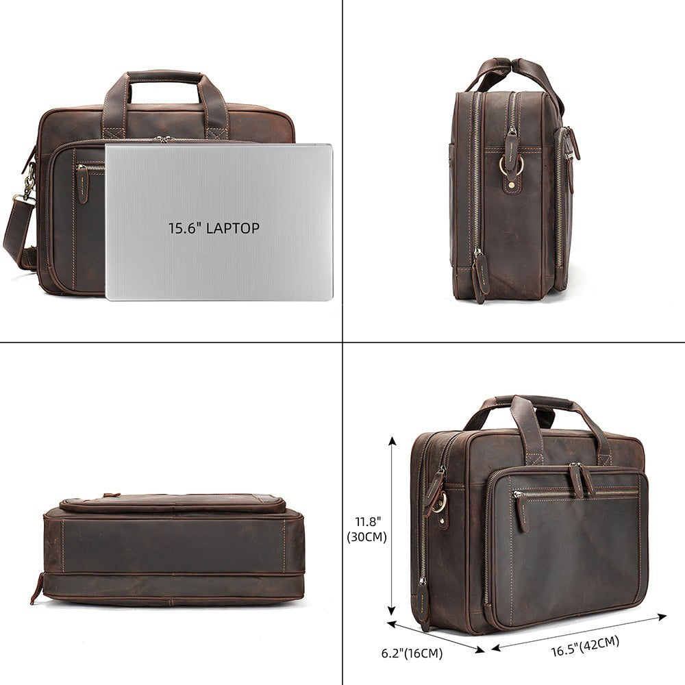 Barcon Getta Inc dark brown handmade Ethiopian leather briefcase with multiple compartments and trolley sleeve. Fits up to 17" laptop.