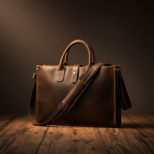 Barcon Getta Inc dark brown leather briefcase with top handles and adjustable shoulder strap. Features contrast stitching and multiple pockets.