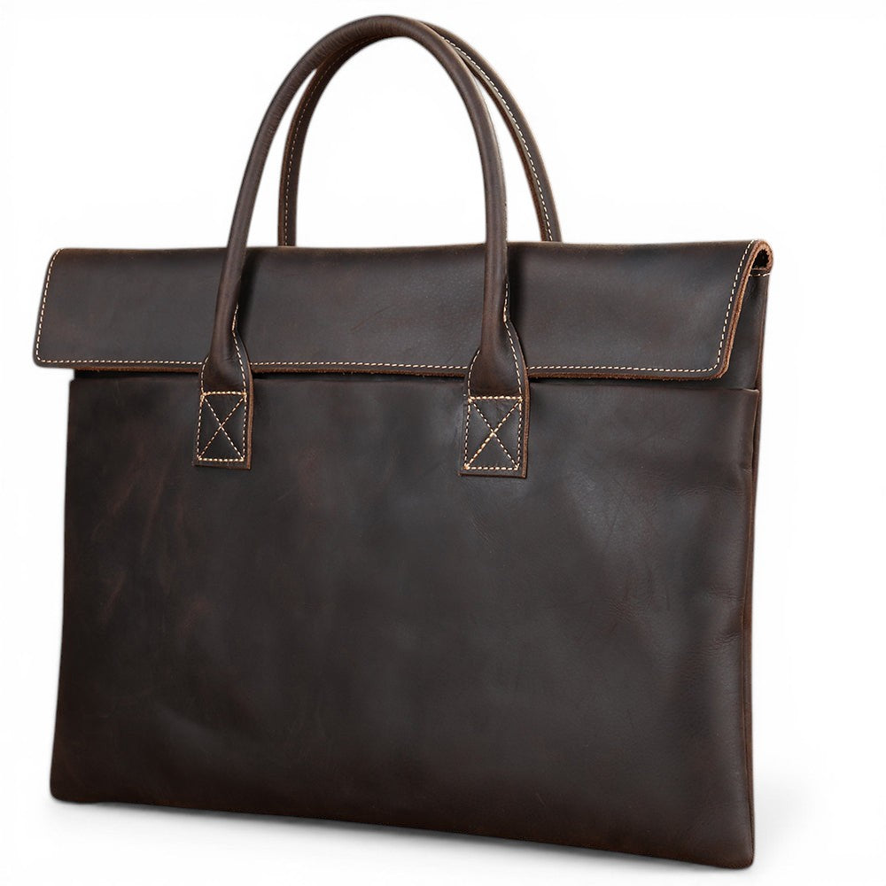 Barcon Getta Inc dark brown handmade Ethiopian leather briefcase with top handles and flap closure, fits up to 15" laptop.