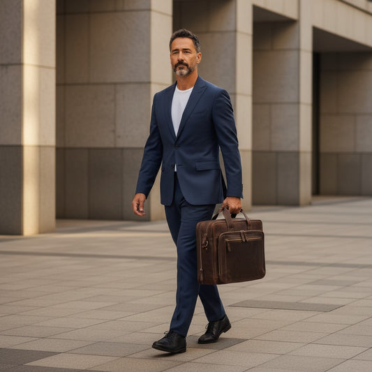 Barcon Getta Inc dark brown handmade Ethiopian leather briefcase with multiple zipper pockets and top handles, fits up to 17" laptop.