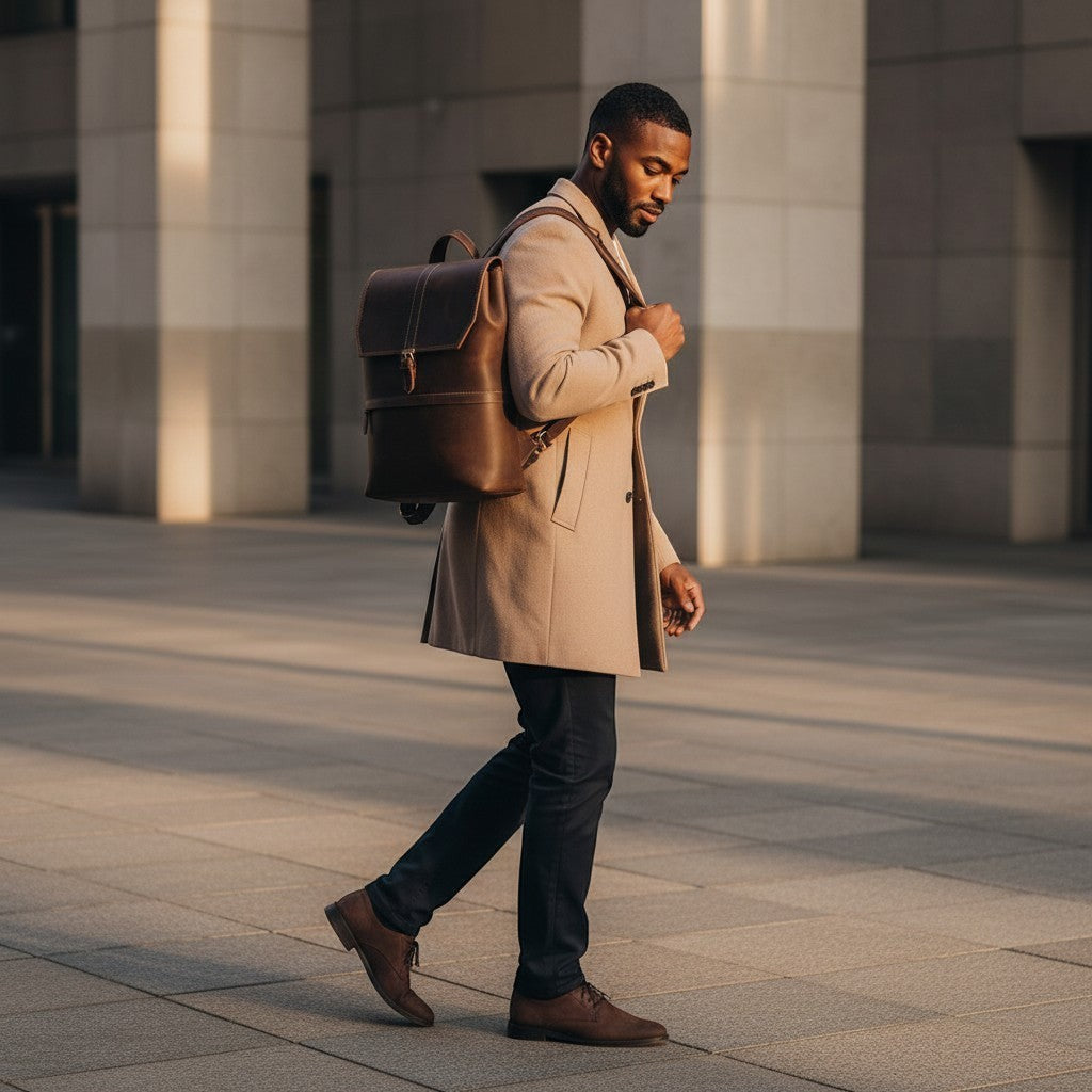 Barcon Getta Inc DAYLINE brown leather backpack with buckle closure, front zipper pocket, and padded straps. Handmade.