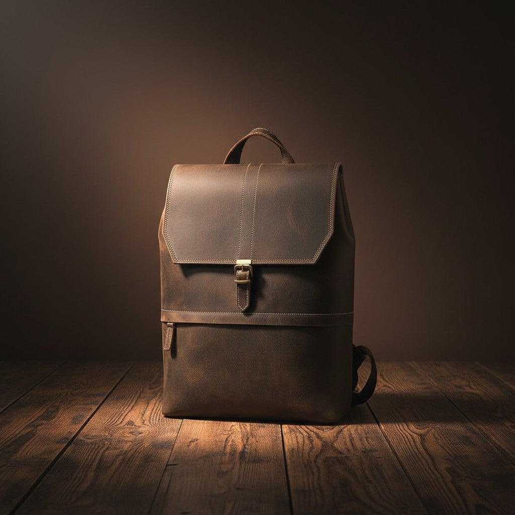 Barcon Getta Inc DAYLINE dark brown Ethiopian leather backpack with multiple pockets and padded straps.