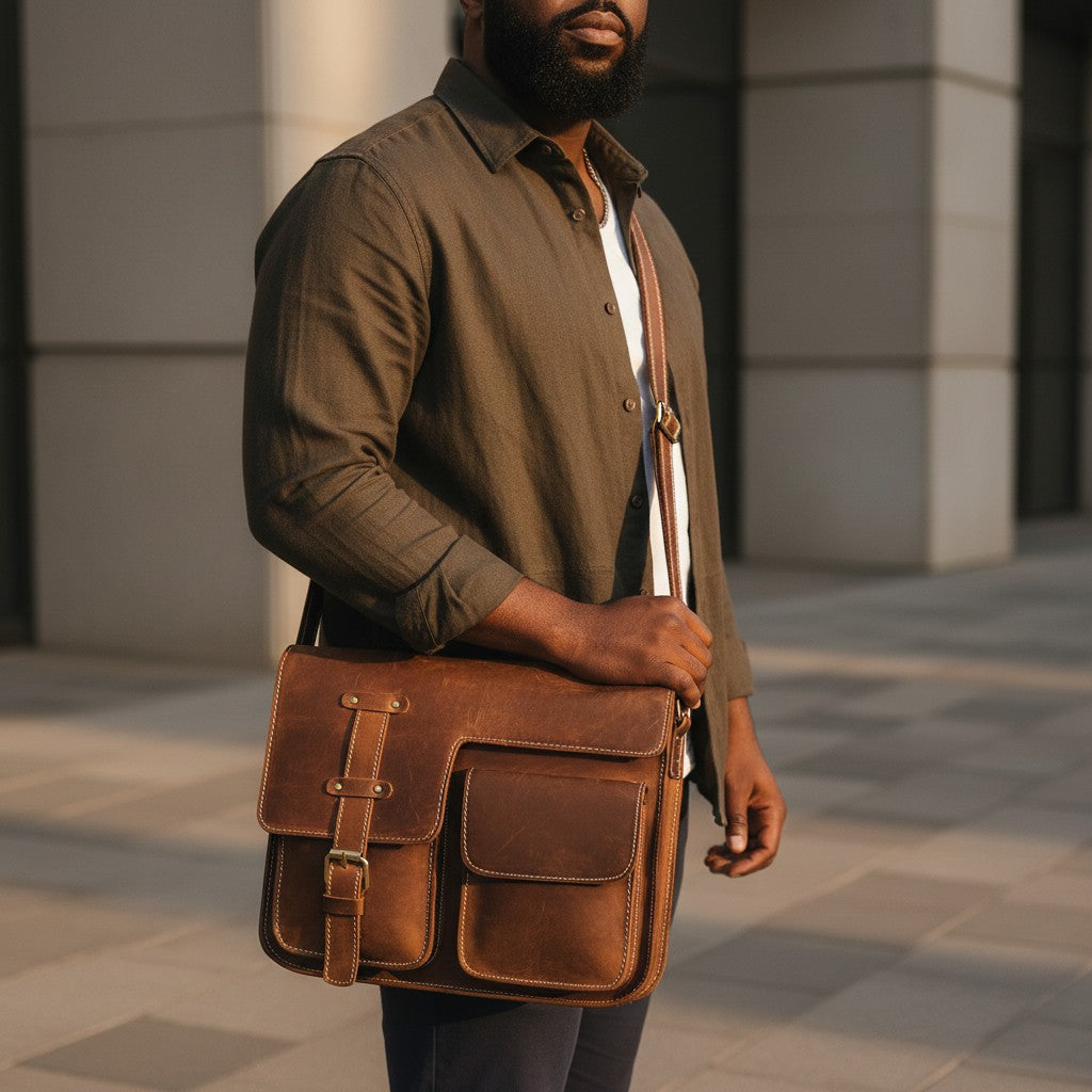 Barcon Getta Inc DISPATCH messenger bag in distressed brown full grain leather with multiple pockets and buckle closure.