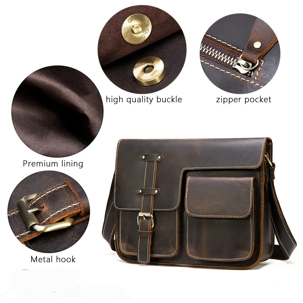 Barcon Getta Inc DISPATCH Messenger Bag, handmade from dark brown full grain Ethiopian leather with multiple pockets and a buckle closure.