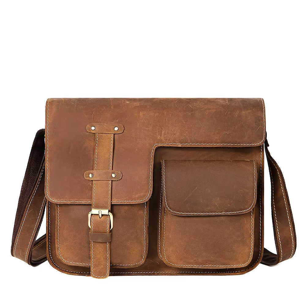 Barcon Getta Inc brown full grain leather messenger bag with buckle closure and multiple pockets.
