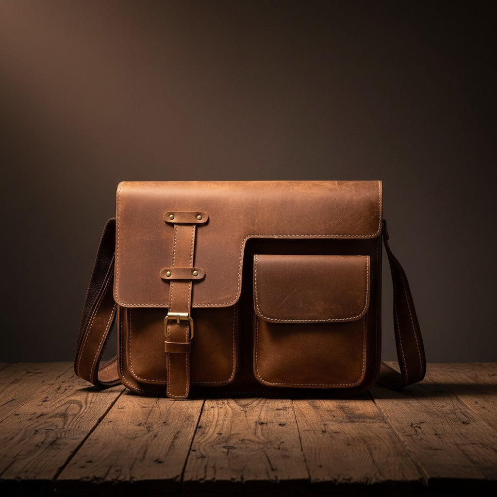 Barcon Getta Inc DISPATCH messenger bag in distressed brown full grain leather with buckle closure and multiple pockets.