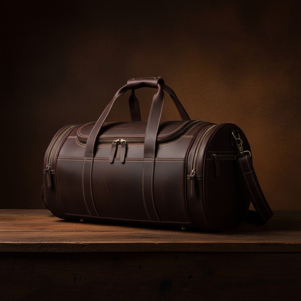 Barcon Getta Inc Navigator duffel bag in distressed brown full-grain leather with contrast stitching and multiple zippered pockets.