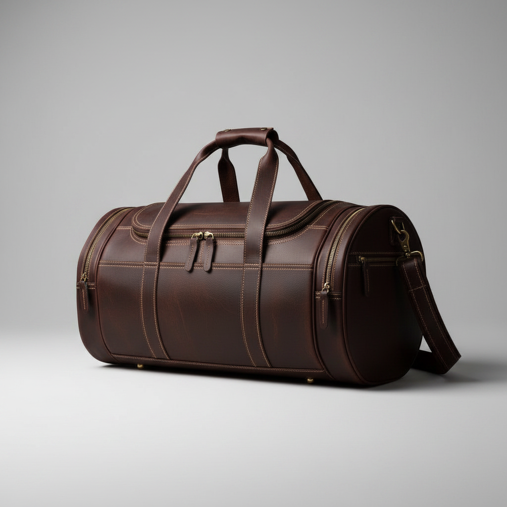 barcon getta the navigator Brown leather duffel bag on a gray background