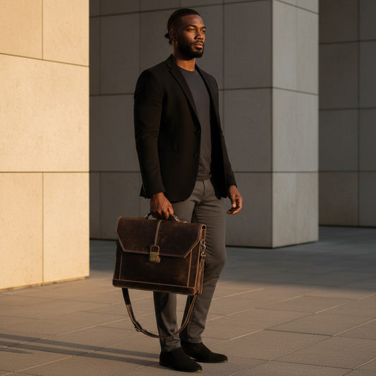 Barcon Getta Inc dark brown distressed leather briefcase with brass hardware and white stitching. Fits up to 16" laptop.