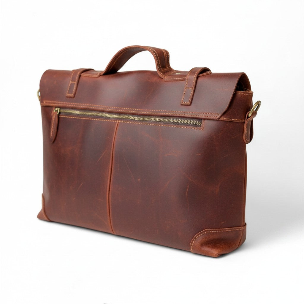 Barcon Getta Inc MANGECHA distressed brown full grain leather briefcase with multiple compartments and top handle.