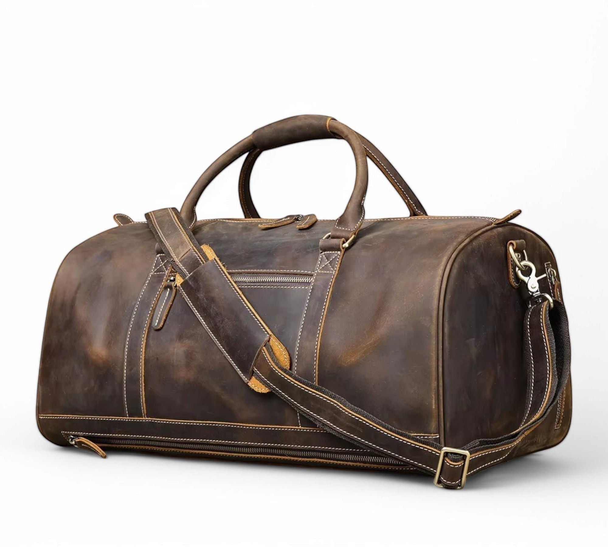 Barcon Getta Inc distressed brown leather duffel bag with adjustable strap and multiple pockets for travel or gym.