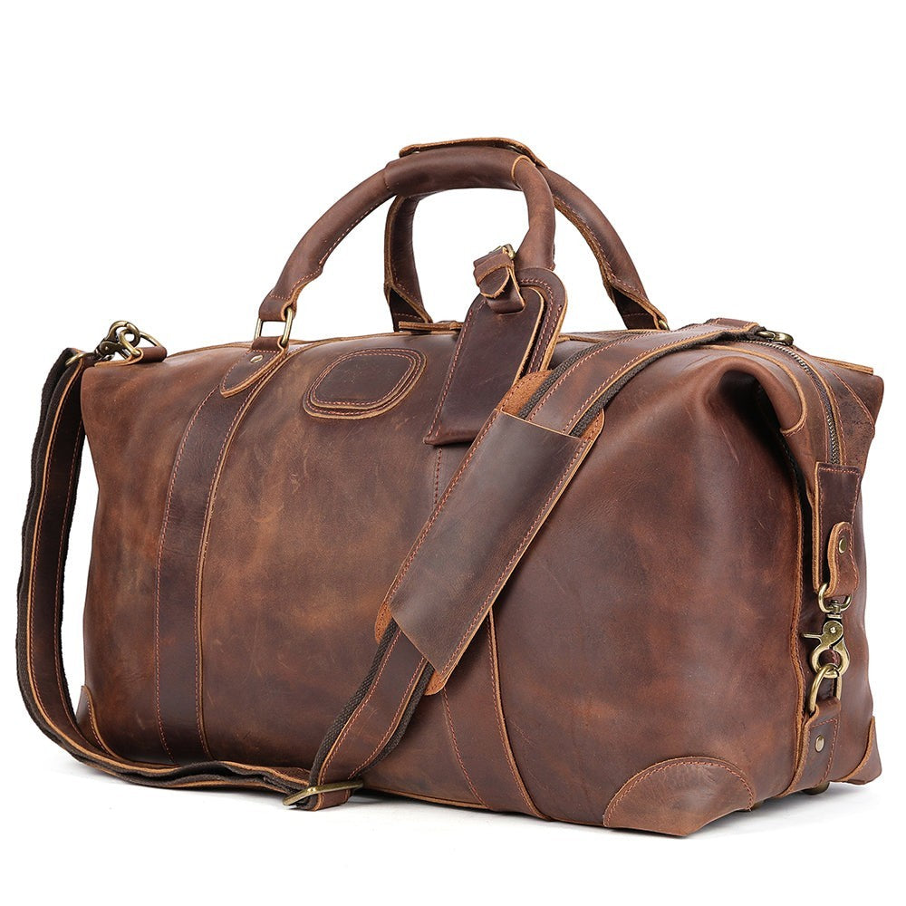 Barcon Getta Getaway Duffel Travel  Bag –Coffee Brown – Front Profile Full Grain Leather with Brass Hardware - 
 on a light gray background