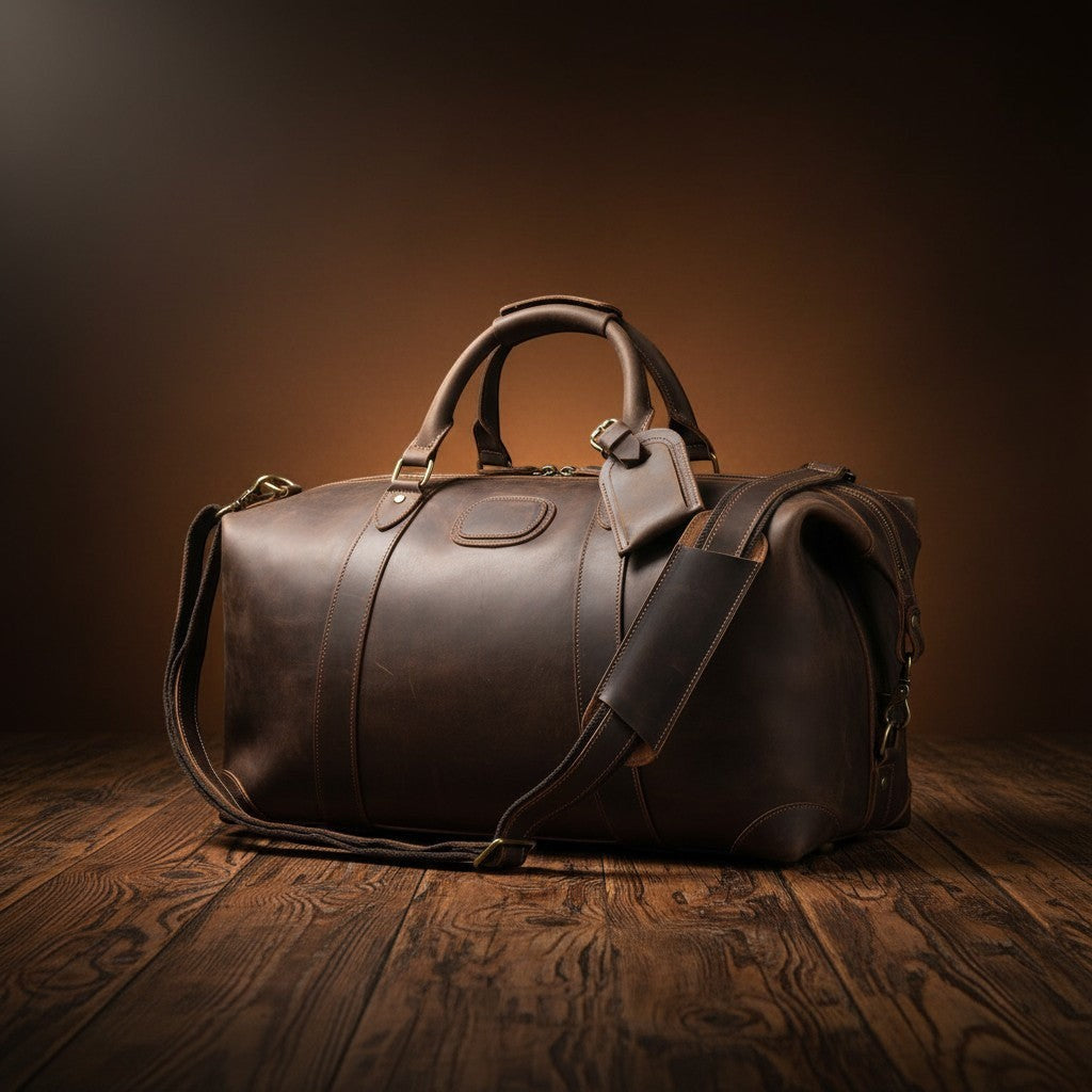 Barcon Getta Getaway Duffel travel Bag –  Dark Coffee Brown – East African Full Grain Leather Studio Shot