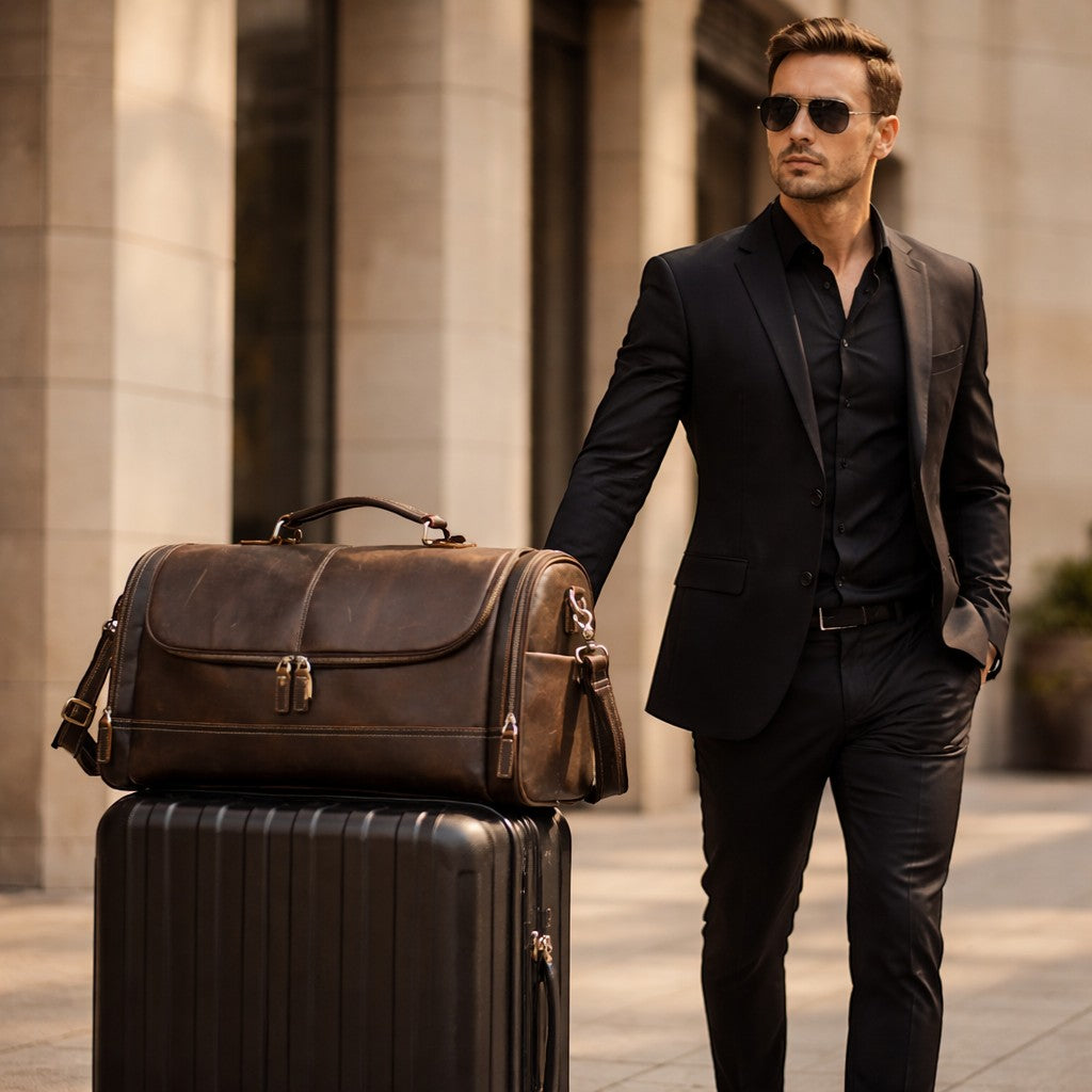 Barcon Getta Inc distressed brown leather duffel bag with brass hardware, perfect for travel or gym.