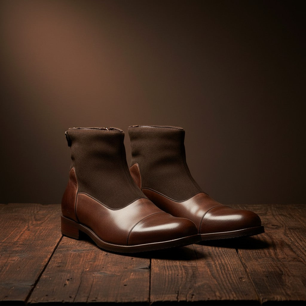 Barcon Getta Inc DJIBOUTI brown leather and suede ankle boots with cap toe detail and side zipper.