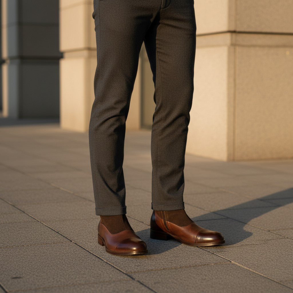 Barcon Getta Inc DJIBOUTI brown leather and suede ankle boots with cap toe detail and side zipper.