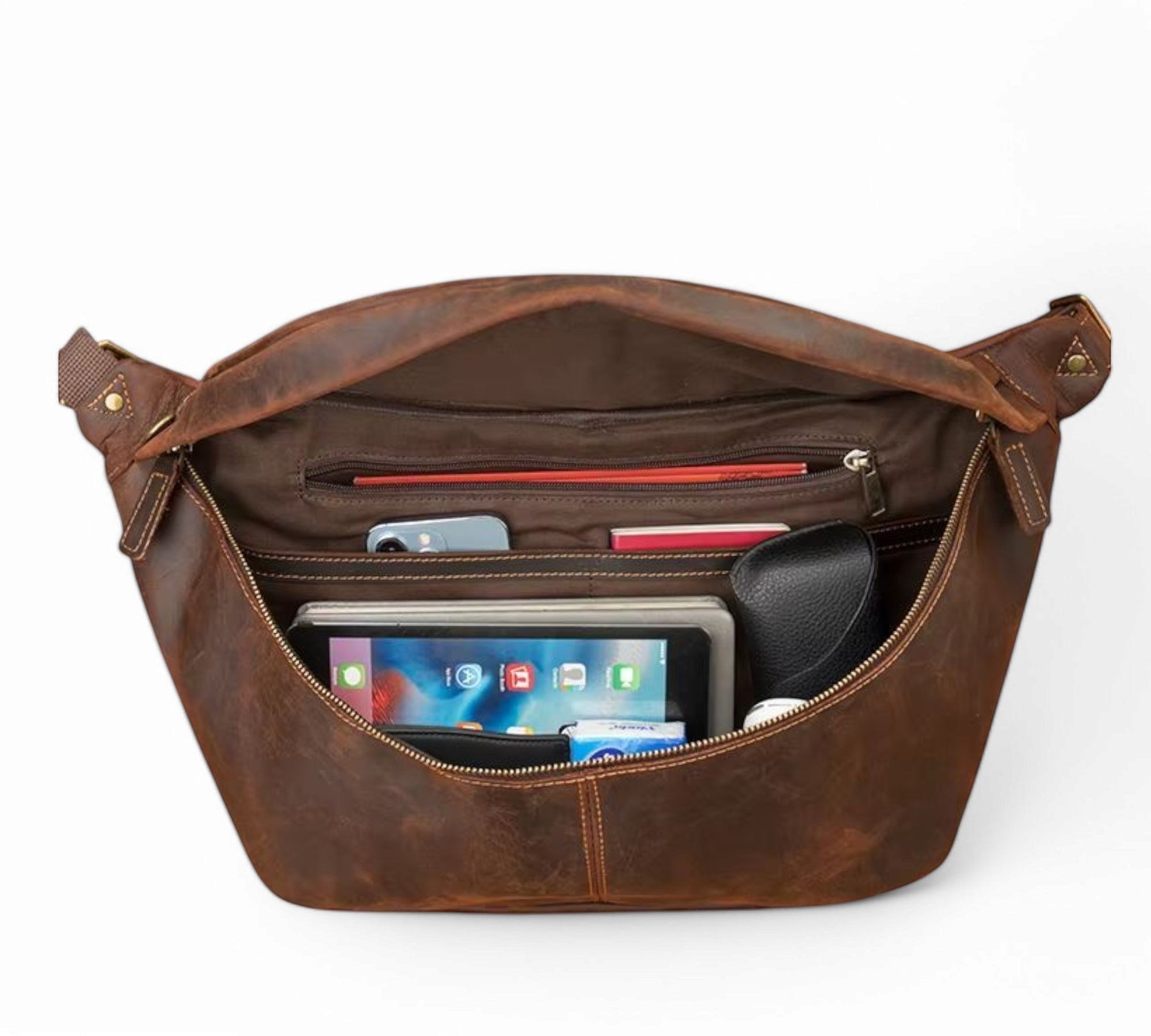 Barcon Getta Inc brown leather cross-body bag with multiple compartments, fits a tablet.