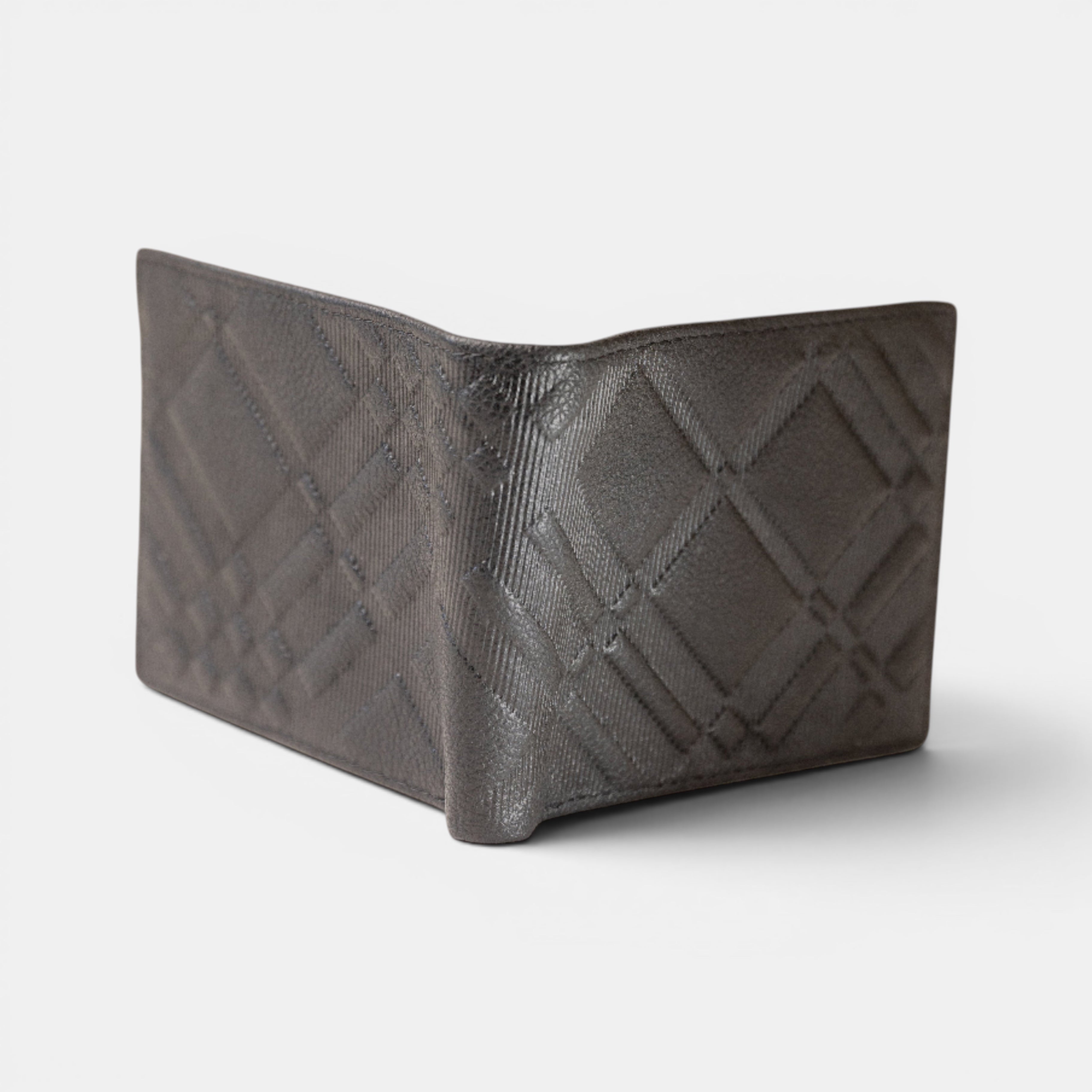 Barcon Getta Inc The Quorum Embossed Bifold Wallet, dark grey full grain leather with embossed plaid pattern, 3 card slots, 1 ID window, 2 money slots.