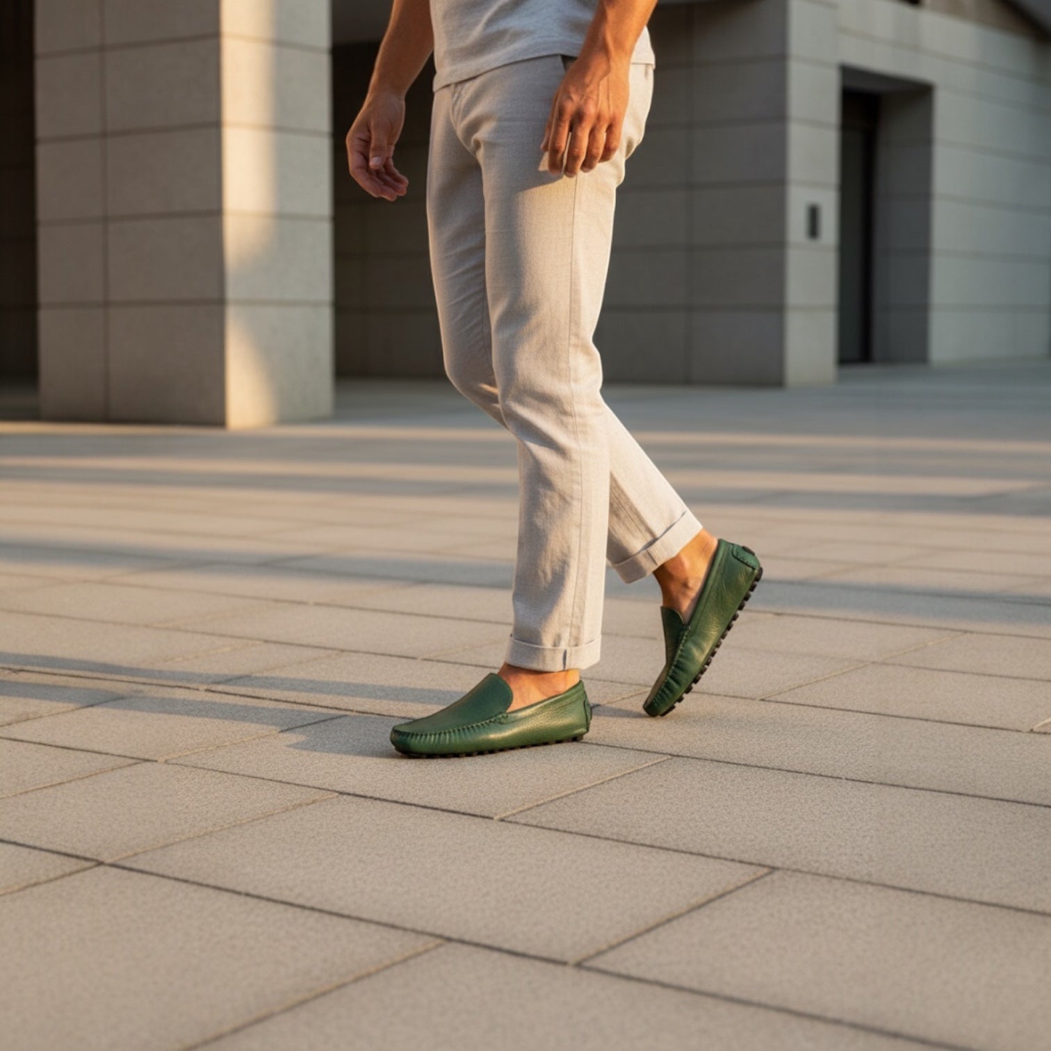 Barcon Getta Inc. forest green full-grain leather driver slip-on loafers with hand-stitched moccasin construction and segmented rubber sole.