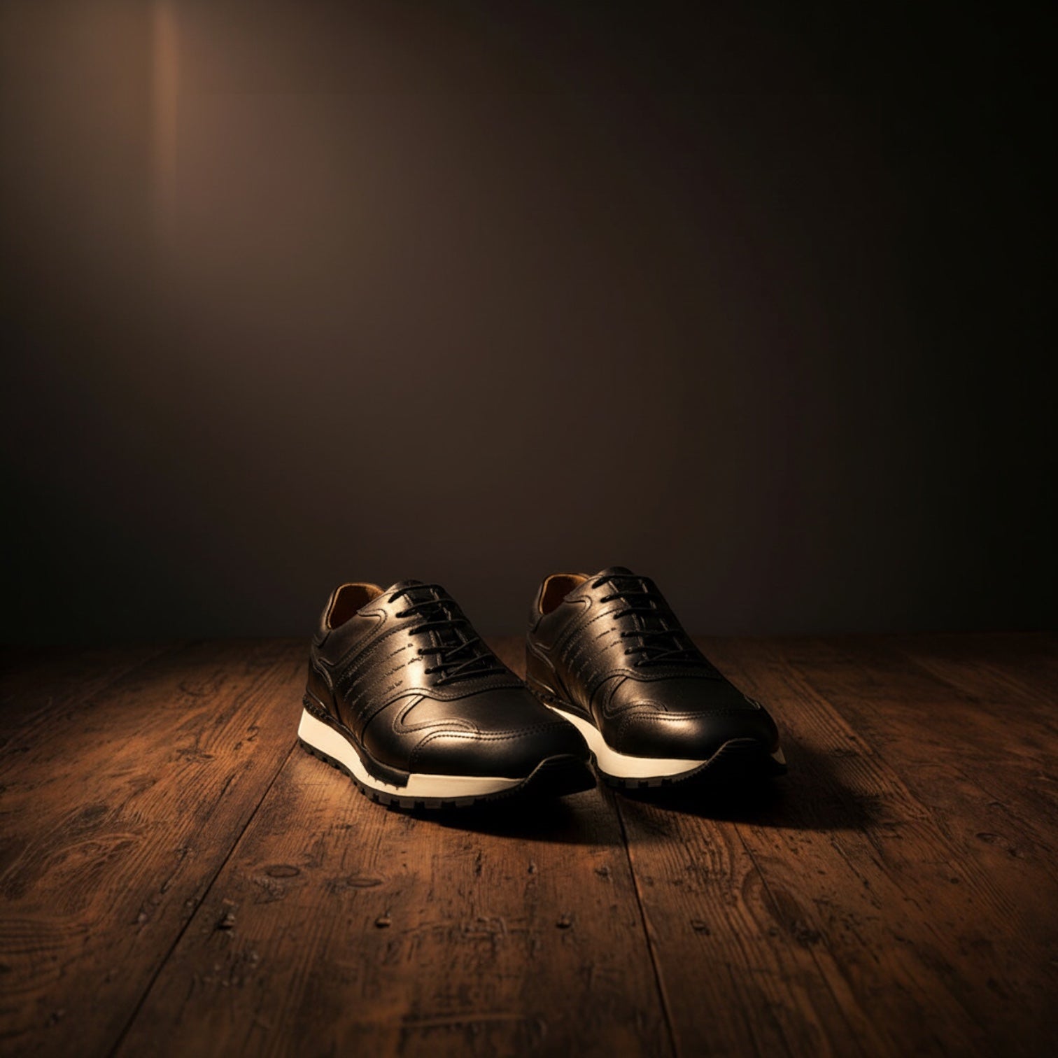 Barcon Getta Inc FREETOWN black full grain leather cap toe casual sneakers with white midsole and lug sole.