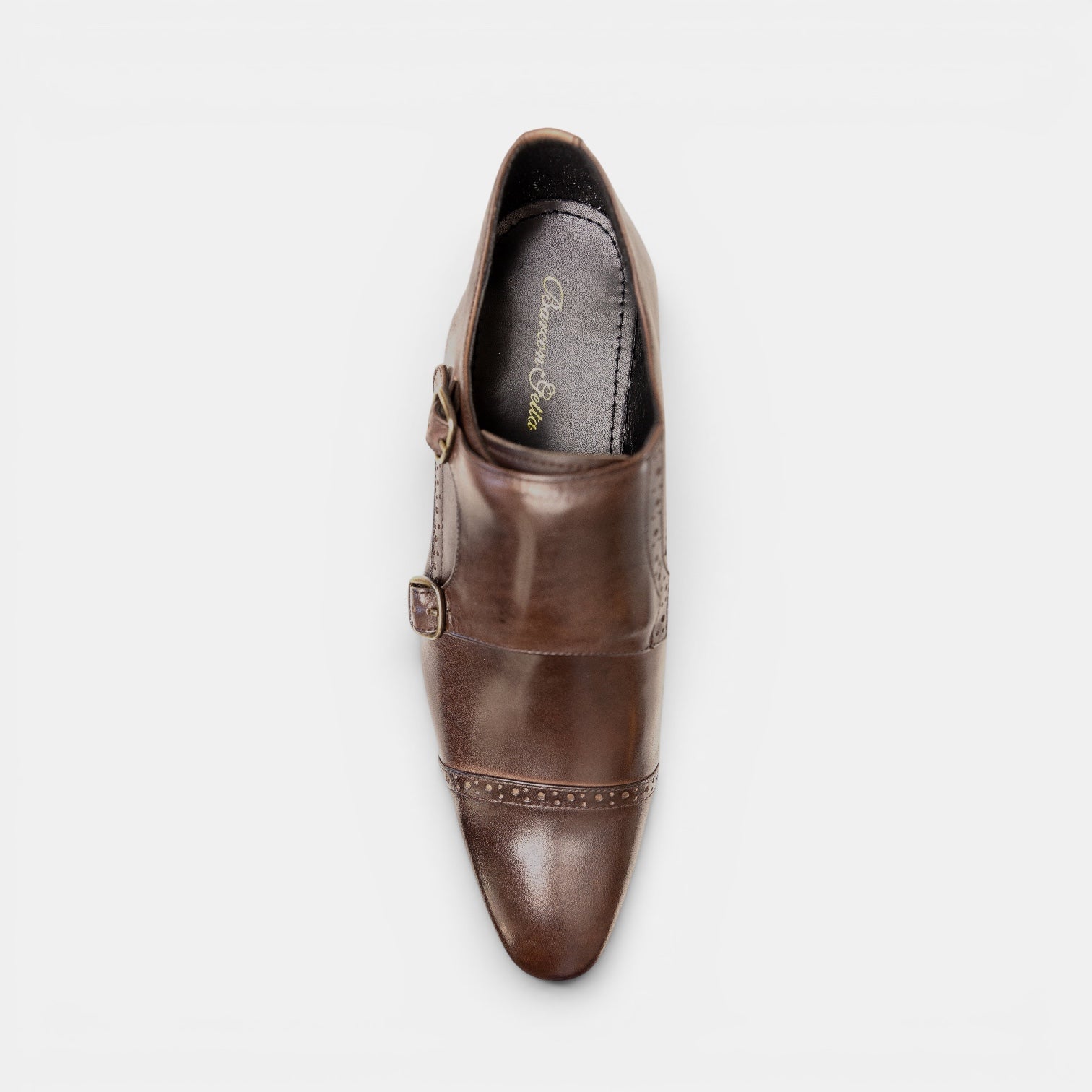 Barcon Getta Inc GABORONE double monk strap dress shoes in deep chocolate brown full grain leather with cap toe and brogue details.