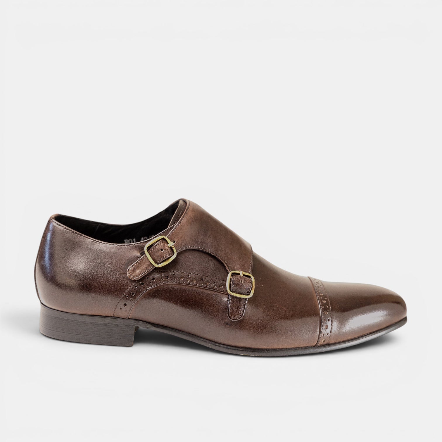 Barcon Getta Inc GABORONE double monk strap dress shoes in deep chocolate brown full grain leather with cap toe and gold buckles.