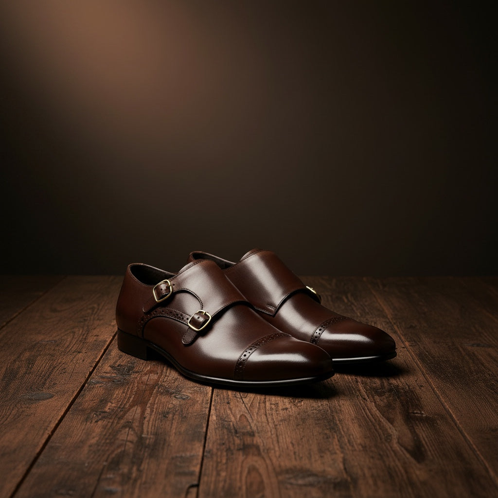 Barcon Getta Inc GABORONE double monk strap dress shoes in deep chocolate brown full grain leather with gold buckles and brogue detailing.