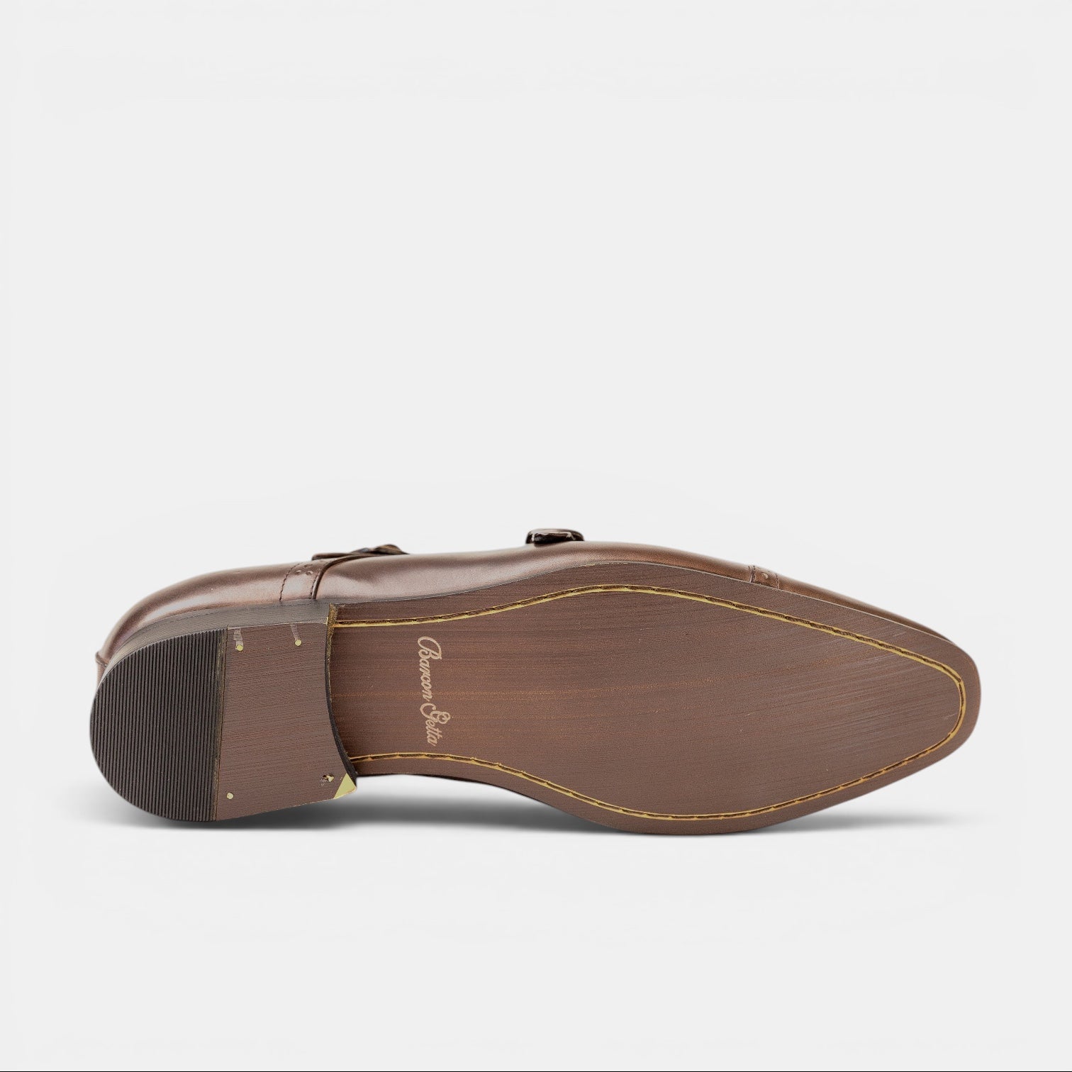 Barcon Getta Inc GABORONE double monk strap dress shoes in deep chocolate brown full grain leather with gold buckles and brogue details.