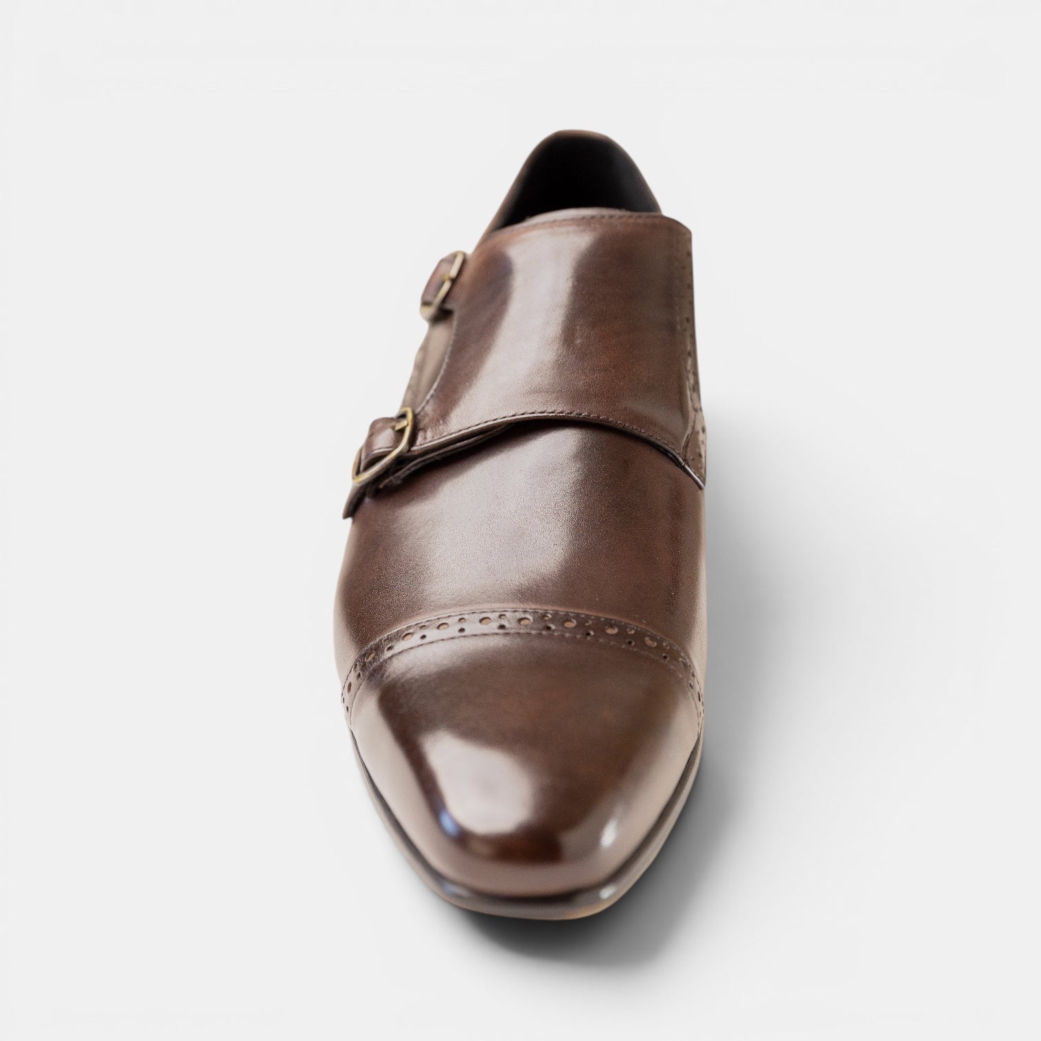 Barcon Getta Inc GABORONE chocolate brown full grain leather double monk strap dress shoes with cap toe and brogue details.