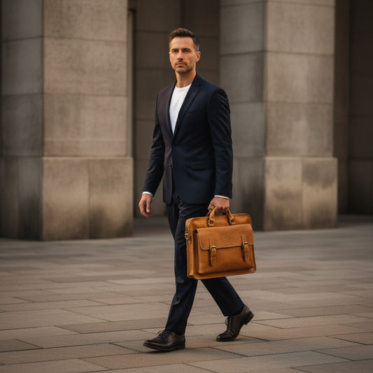 Barcon Getta Inc GEMEL tan leather briefcase with buckle closures, top handles, and multiple pockets. Fits up to 14" laptop.