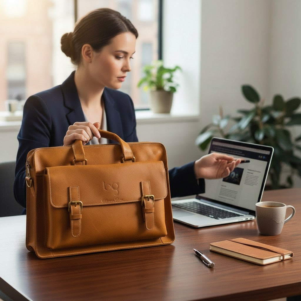 Barcon Getta Inc GEMEL tan leather briefcase with buckle closures, fits up to 14" laptop. Handmade.
