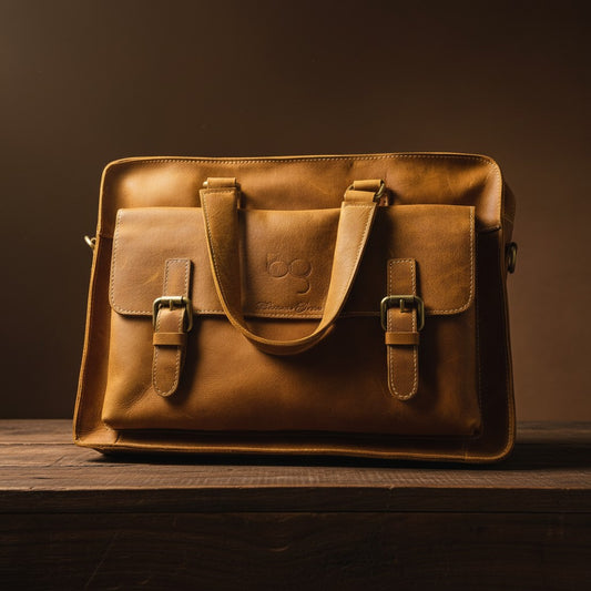 Barcon Getta Inc GEMEL tan Ethiopian leather briefcase with buckle closures and multiple pockets, fits up to 14" laptop.