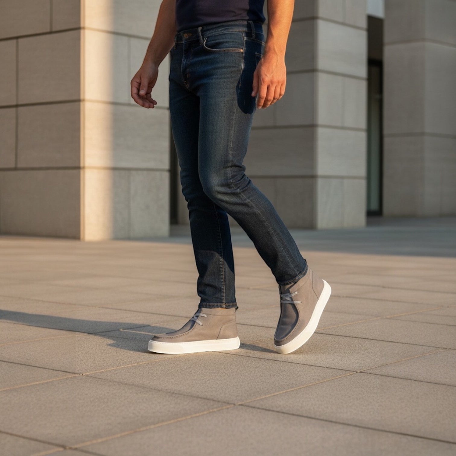 Barcon Getta Inc grey suede chukka boots with white rubber soles and lace-up closure, worn with blue jeans.