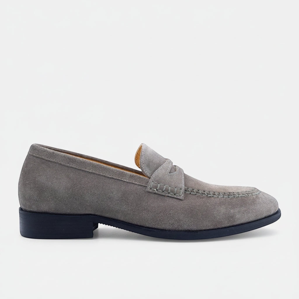 Barcon Getta Inc grey taupe suede penny loafer with hand-stitched moccasin toe and tan leather insole.
