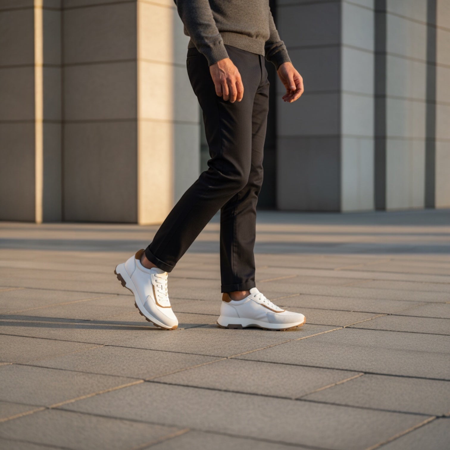 Barcon Getta Inc GUYA sneakers: white leather with dark navy and tan accents, gum sole. Men's casual runner style.