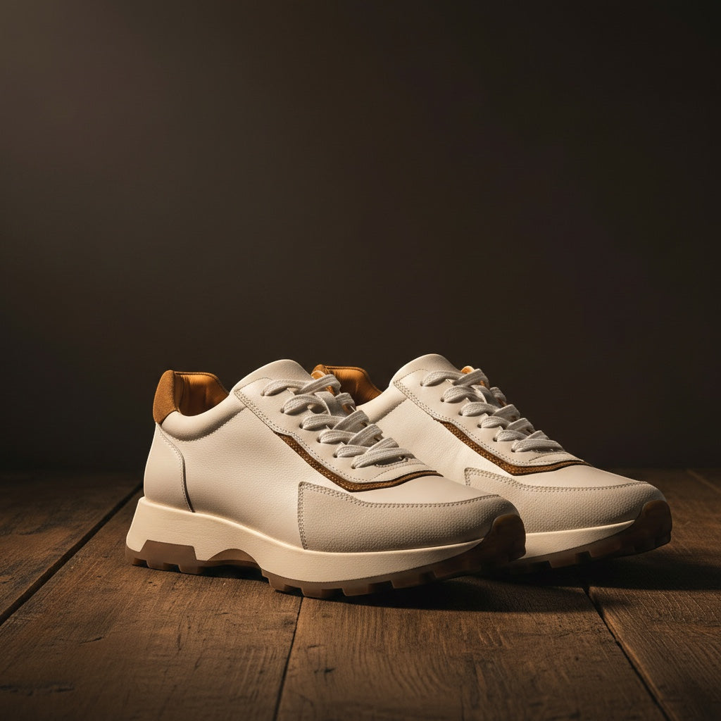 Barcon Getta Inc GUYA sneakers: white leather with tan accents, round toe, lace-up, gum sole. Casual leather runner style.