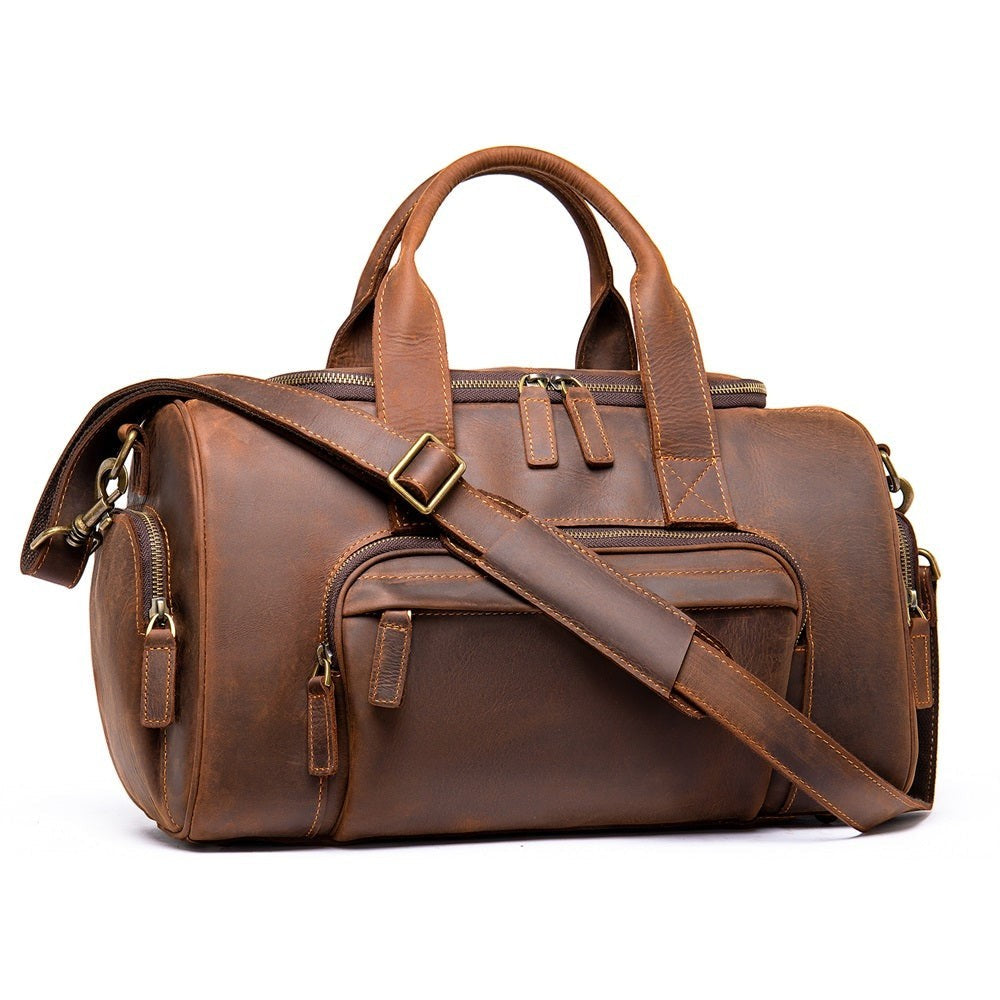 Barcon Getta Guzzo Overnight Duffel Travel Bag – Coffee Brown – Front Profile Full Grain Leather with Brass Hardware - 
 on a light gray background