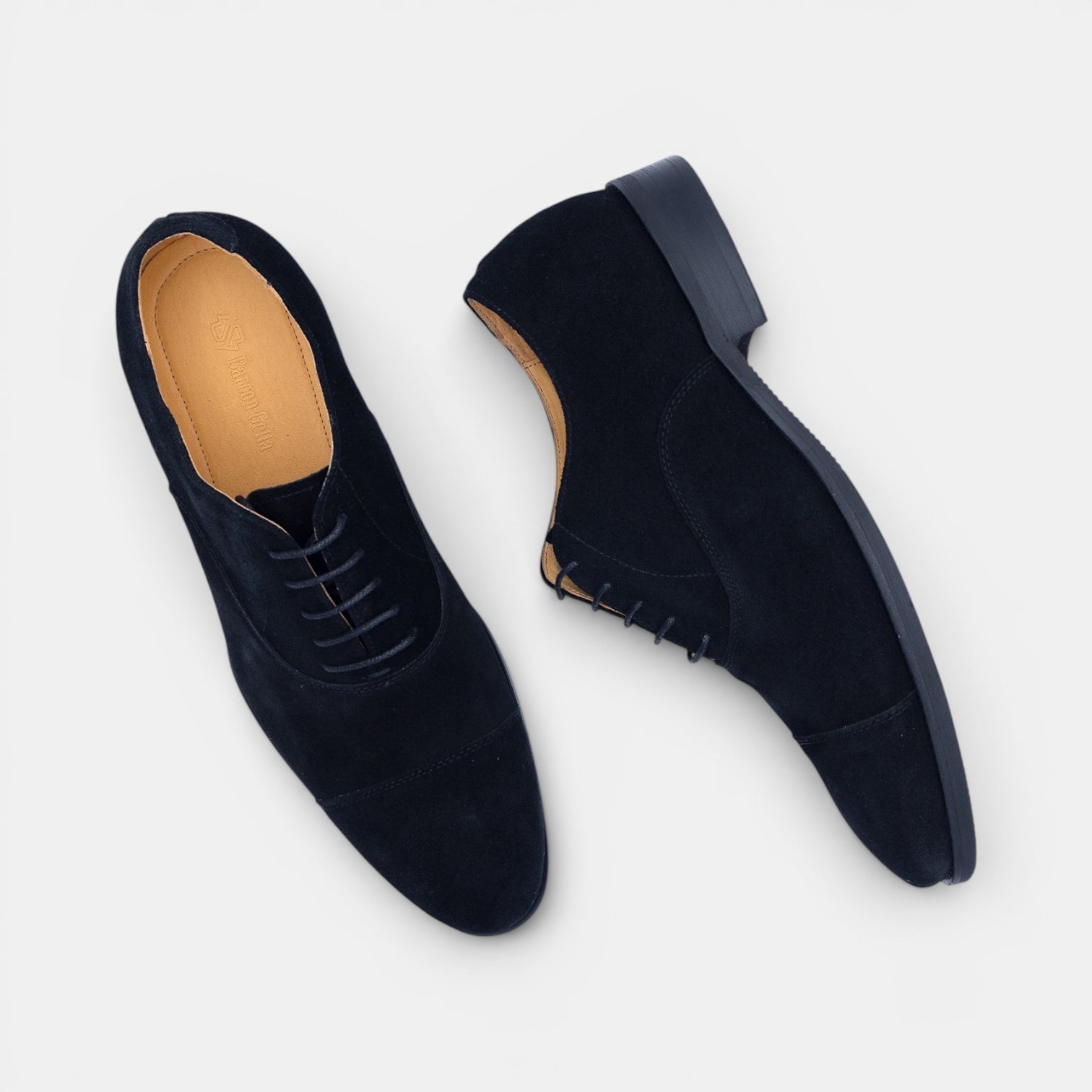 Barcon Getta Inc HAKIM midnight navy black suede cap toe Oxford dress shoes with closed lacing.